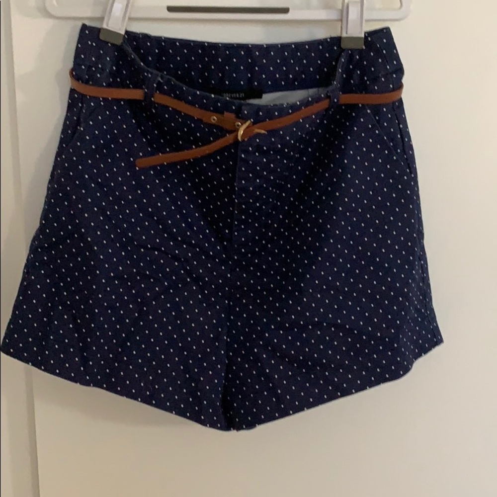 F21 polka dot navy shorts with brown belt